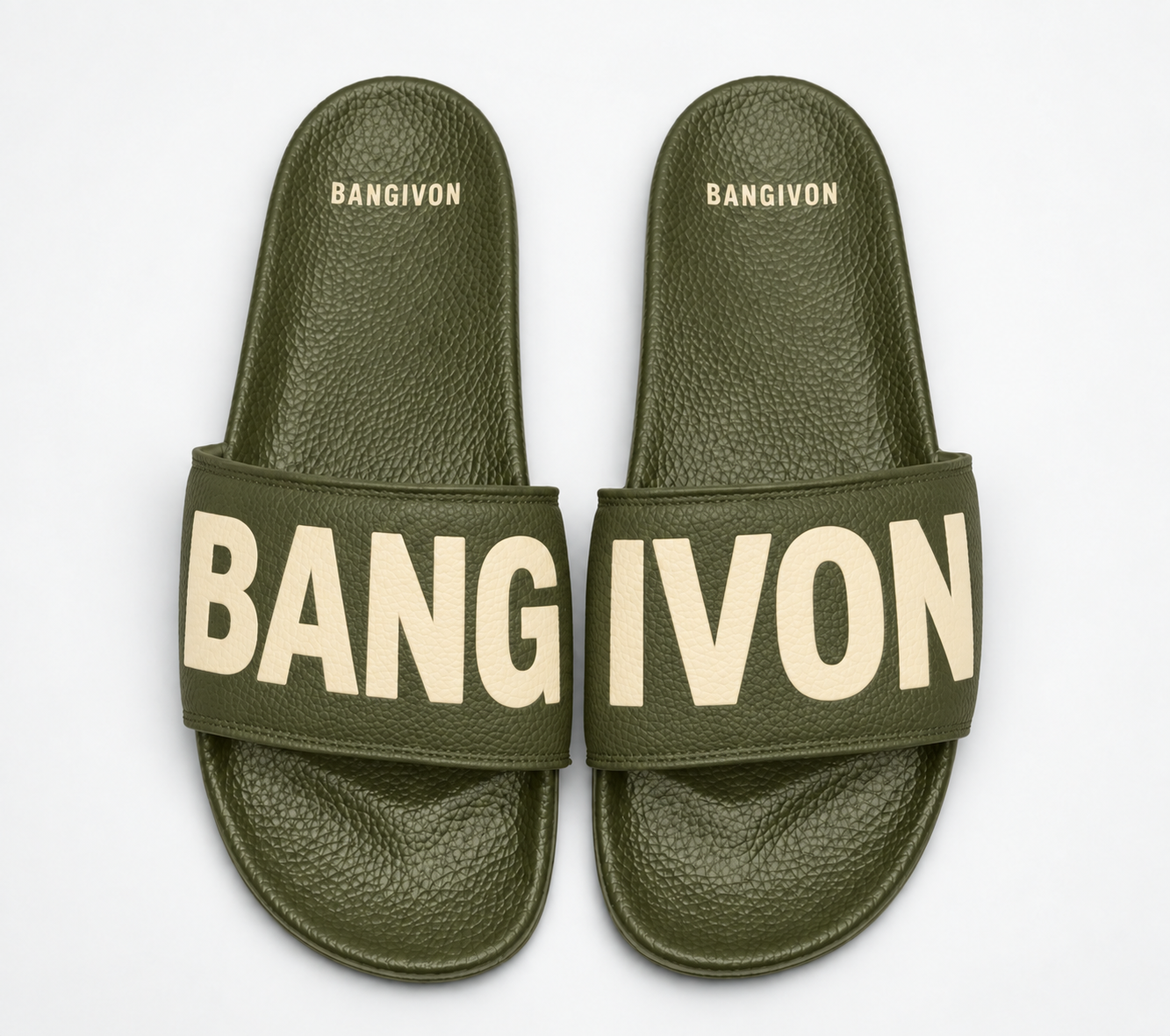BANGIVON single-band slide sandals in Olive / Sand, with BANG and IVON block lettering across the pair