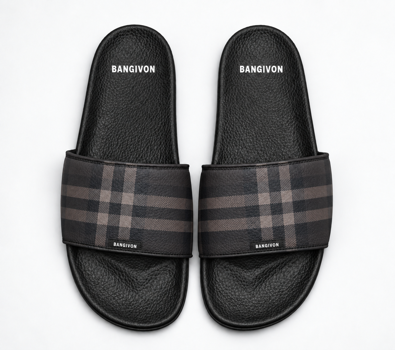 BANGIVON Charcoal Check upper design on the classic black pebbled slide sandal sole