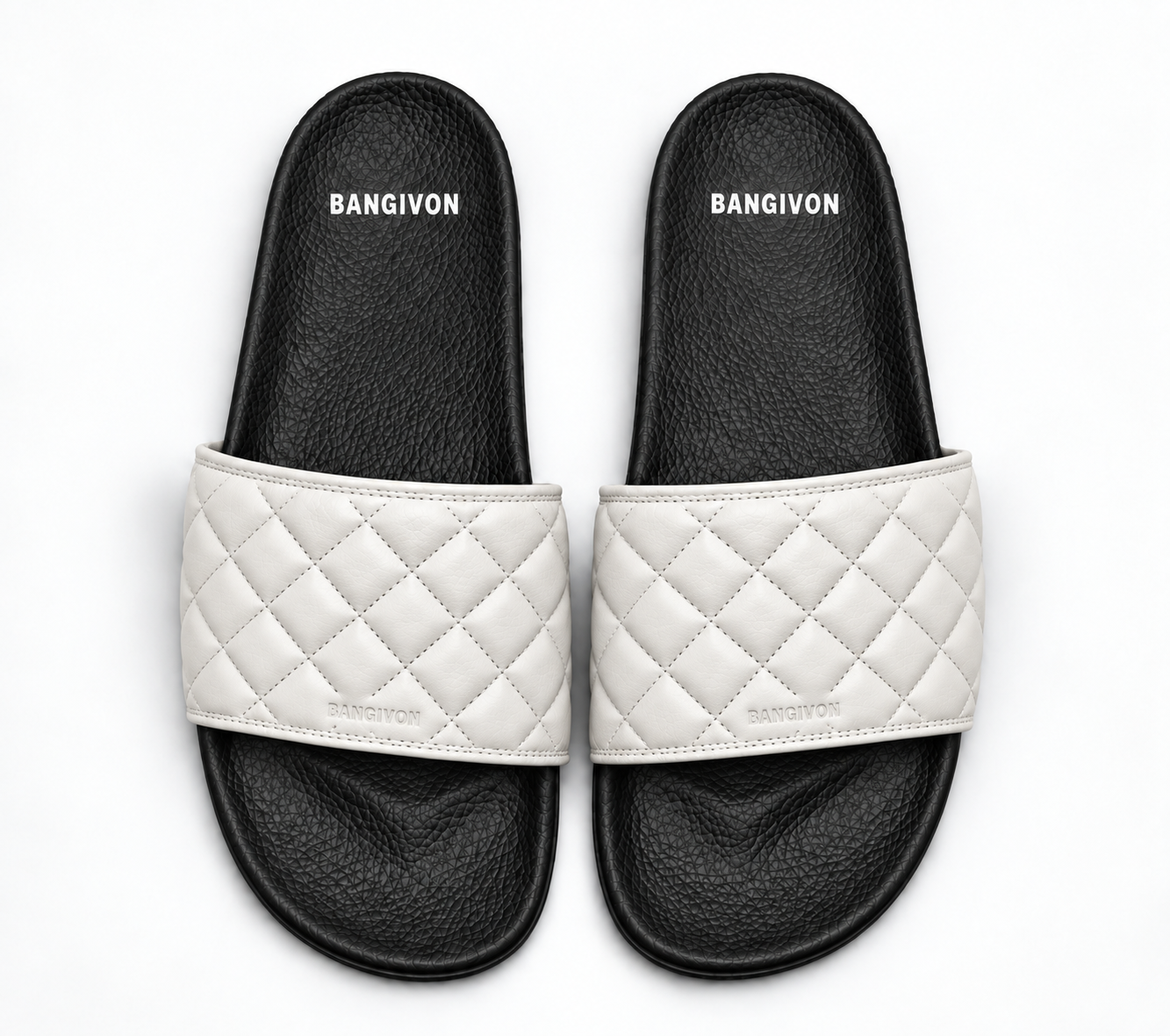 BANGIVON Ivory Quilt upper design on the classic black pebbled slide sandal sole