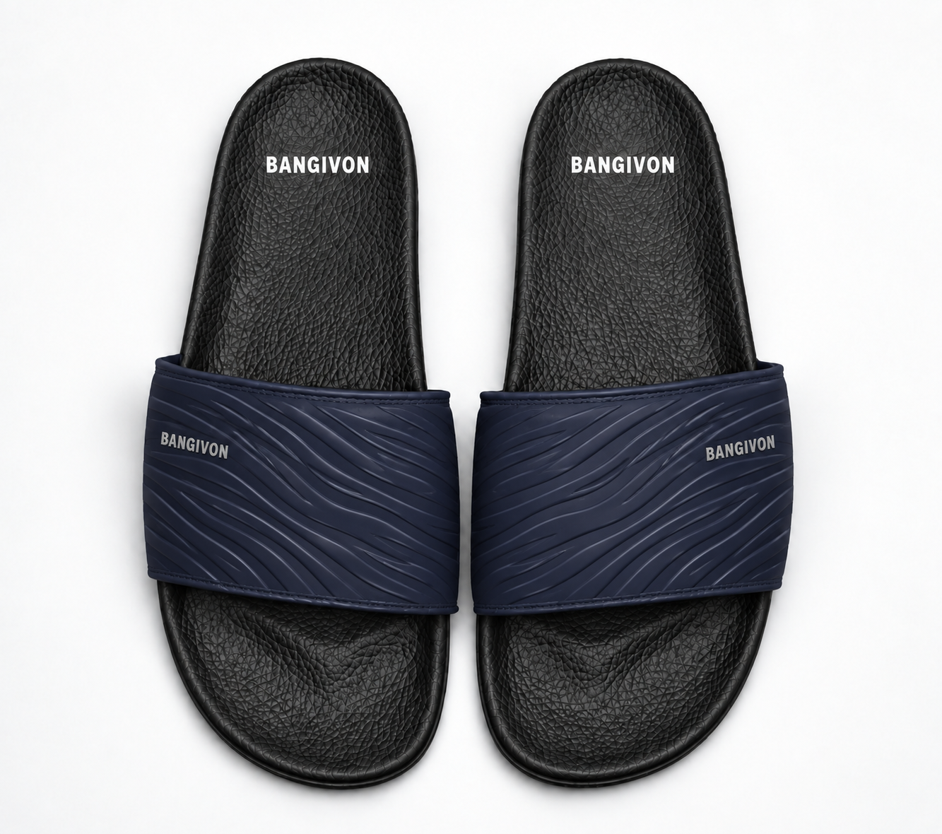 BANGIVON Midnight Wave upper design on the classic black pebbled slide sandal sole
