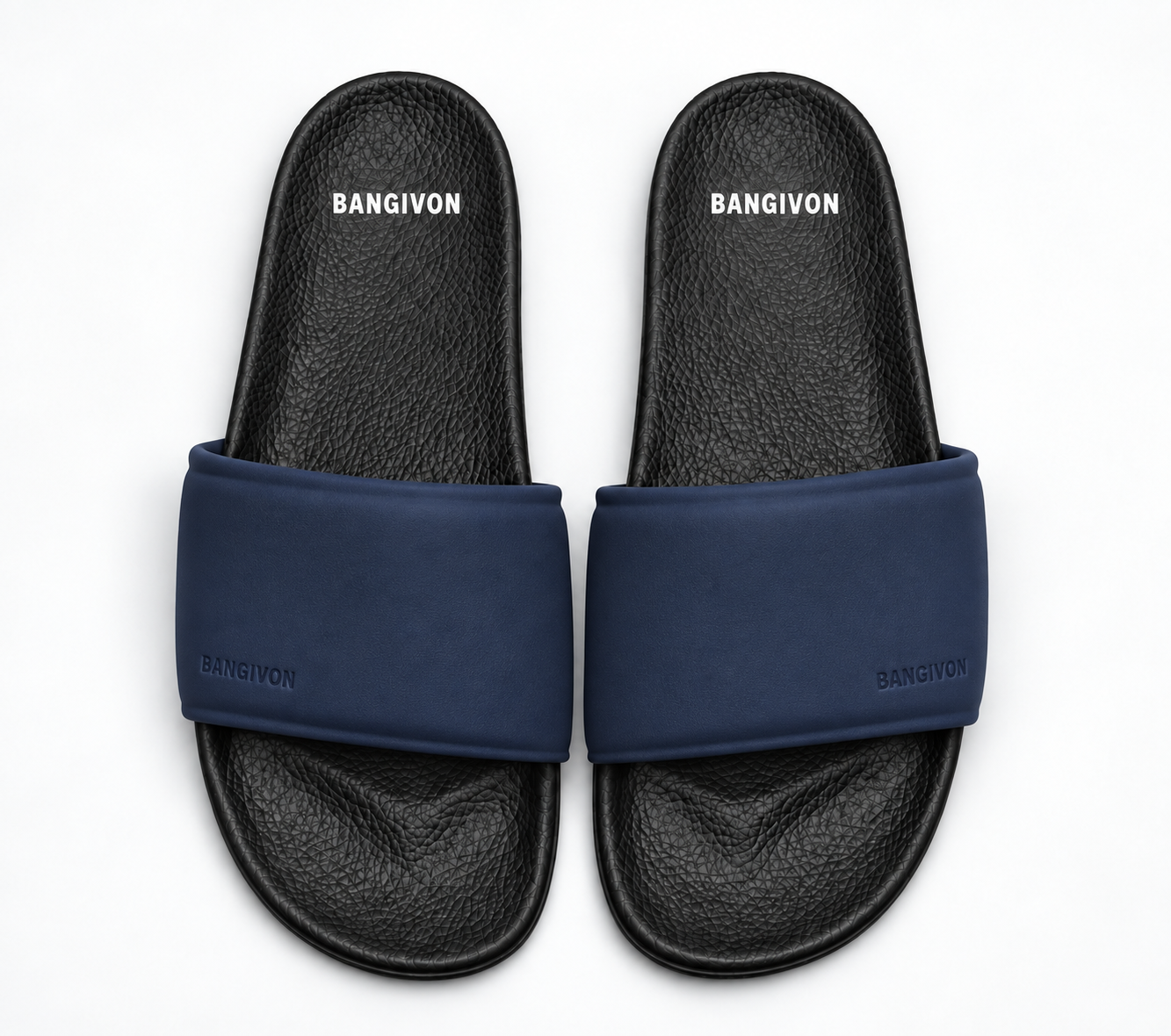 BANGIVON Navy Softform upper design on the classic black pebbled slide sandal sole