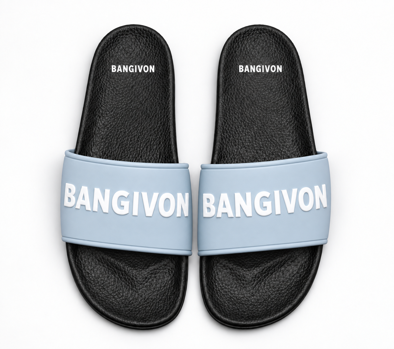 BANGIVON Ice Blue Letterform upper design on the classic black pebbled slide sandal sole