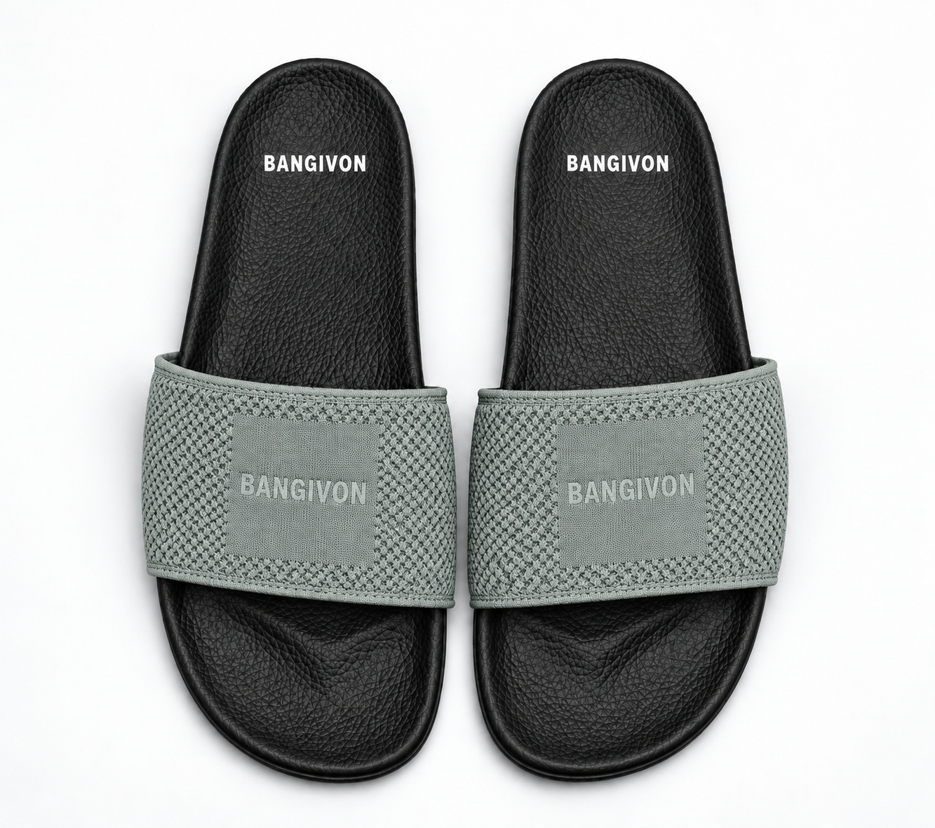BANGIVON Sage Knit upper design on the classic black pebbled slide sandal sole