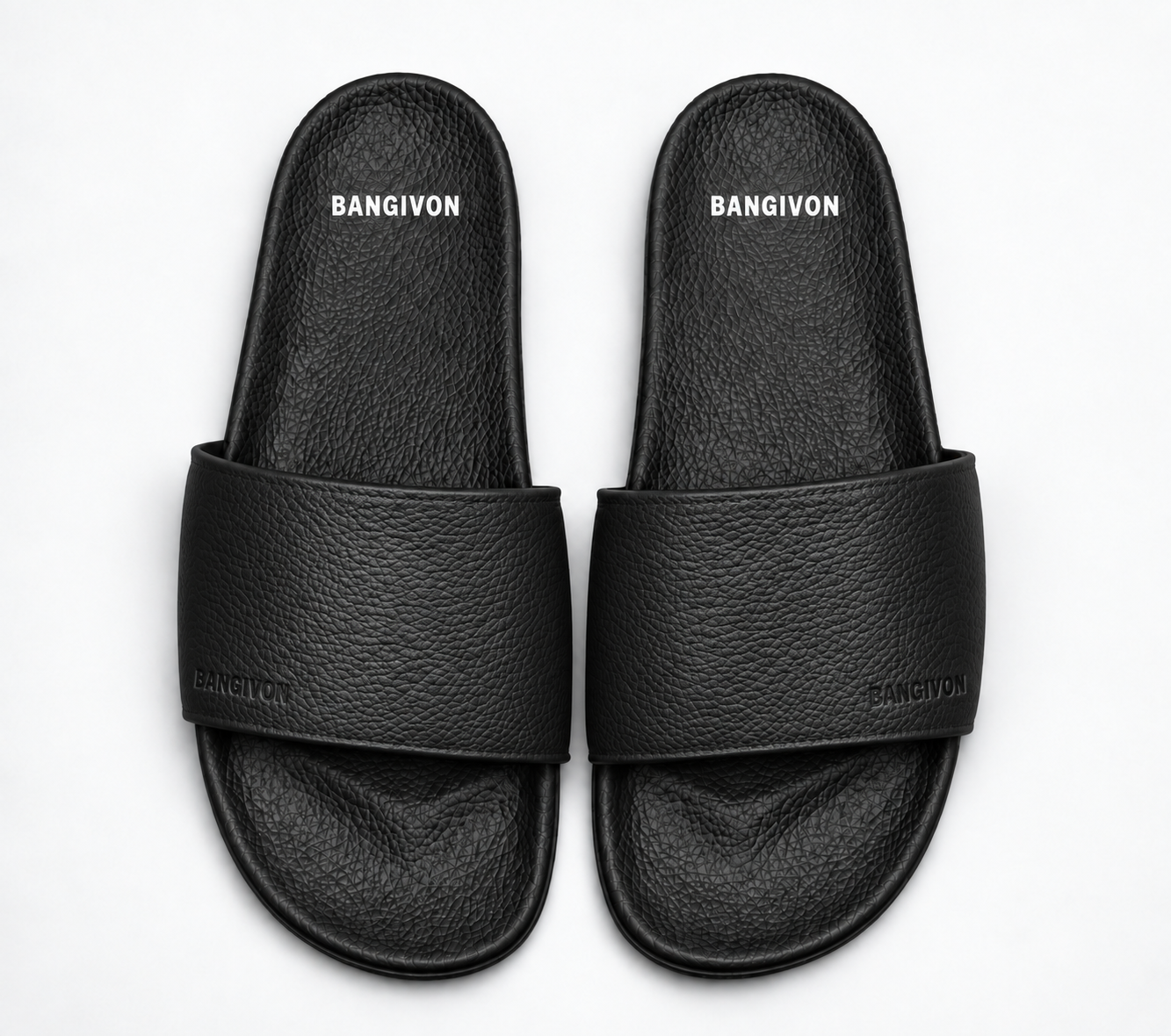 BANGIVON Black Grain upper design on the classic black pebbled slide sandal sole